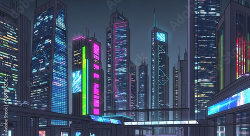 Futuristic cityscape at night with neon lit skyscrapers and modern architecture in a metropolitan area