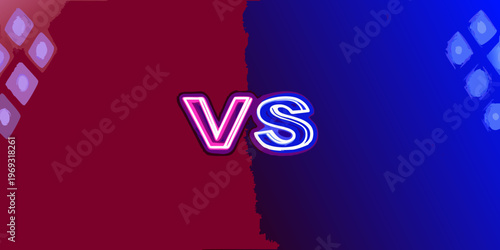 A vibrant versus graphic with neon lettering against a split background