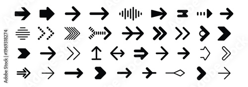 Collection of diverse black arrow icons and symbols for navigation and direction on a white background.
