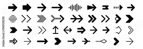 Diverse collection of black arrow icons and symbols for navigation and direction on a white background.