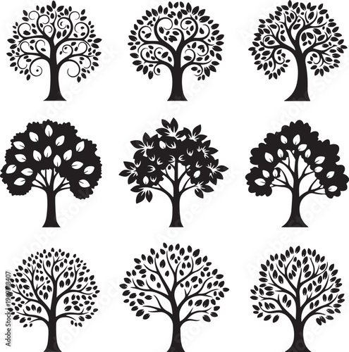 Set of black vector trees.