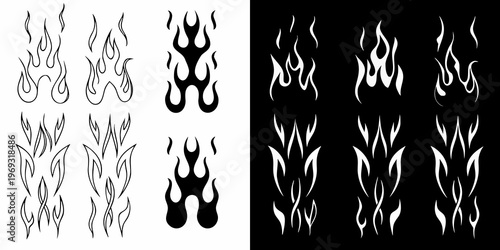 Stylized flame designs arranged in a grid contrasted black and white