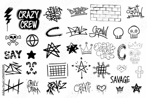 Collection of hand drawn graffiti elements and street art designs