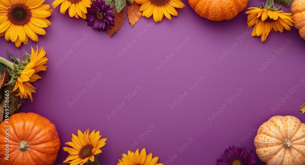 Fototapeta premium vibrant purple backdrop decorated with autumn pumpkins and bright sunflowers with copy space