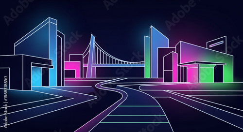 Neon lit cityscape with futuristic buildings and bridge at night urban landscape with vibrant pink green and blue lights