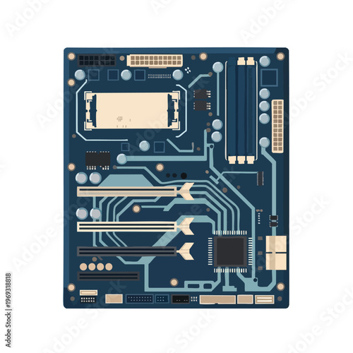 Detailed flat illustration of a computer motherboard with various components and connectors