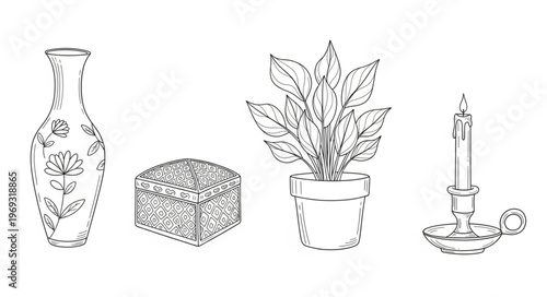 Collection of Decorative Objects in Sketch Style.
