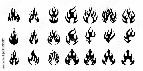 Collection of black silhouette flame designs arranged in a grid pattern