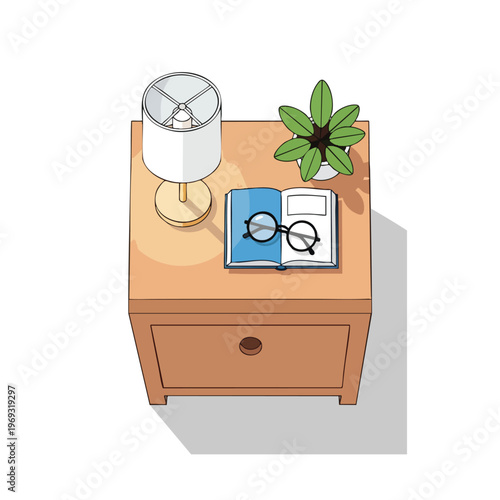 Brown wooden nightstand with lamp, open book, glasses, and plant