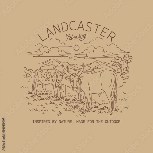 Landcaster farming retro label logo vector illustration cow adventure west wild life mountain nature national park. vintage outdoor apparel design supply gea