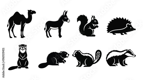 A collection of various animal figures in a stark black design including a camel squirrel and hedgehog silhouette high quality professional