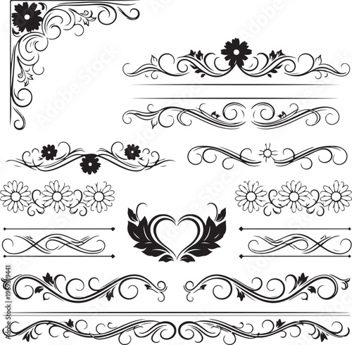 Set of calligraphic floral elements with hearts for wedding invitation design. Vector decorative ornament with flower silhouette. Dividers and frame elements