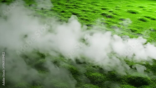 Fog effect green screen on lush green mossy landscape