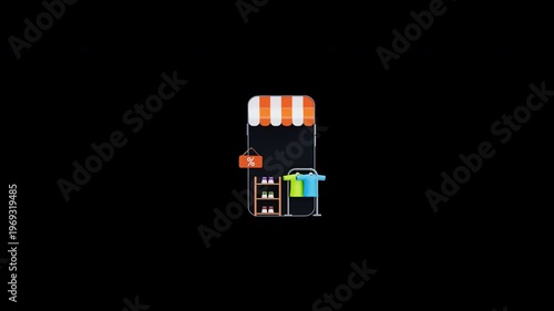 3D animation of Mobile shop display with discount clothing sale