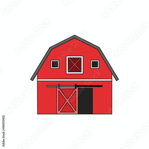 A simple red barn with a gambrel roof, windows, and sliding door