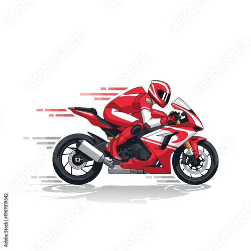Red and white motorcycle racer speeds forward with motion lines