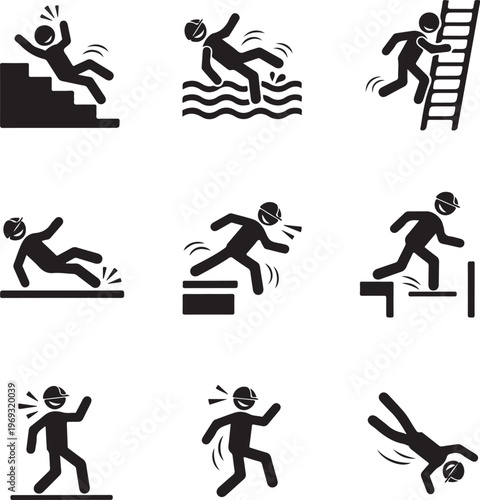 Set of caution symbols with stick figure man falling. Falling down the stairs and over the edge. Wet floor, tripping on stairs. Workplace safety. Vector illustration. Isolated on white background