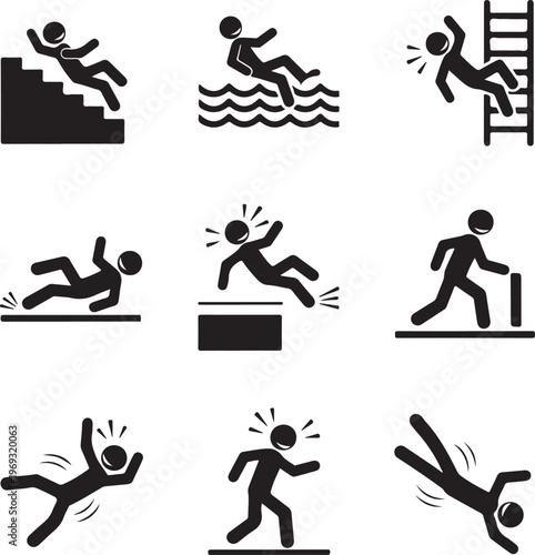 Set of caution symbols with stick figure man falling. Falling down the stairs and over the edge. Wet floor, tripping on stairs. Workplace safety. Vector illustration. Isolated on white background
