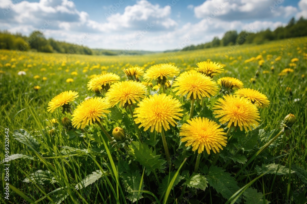 Fototapeta premium Bright yellow dandelion cluster flourishing in lush green grassy meadow under a partly cloudy sky