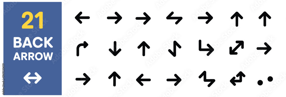 Fototapeta premium Collection of 21 black arrow icons pointing in various directions on a white background