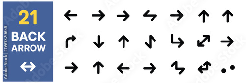 Collection of 21 black arrow icons pointing in various directions on a white background