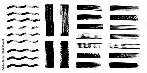 Fotografie Collection of diverse black brush strokes and linear paint textures