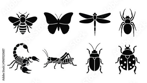 A collection of various insect silhouettes is displayed in a minimalist black and white arrangement silhouette high quality professional detailed modern