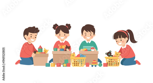 Four smiling young children are seen neatly organizing their toys into cardboard boxes and yellow baskets while sitting on the floor.