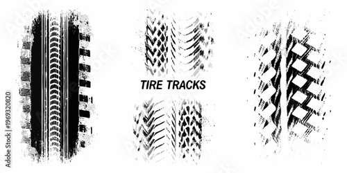 Various tire track patterns shown in a black and white graphic style