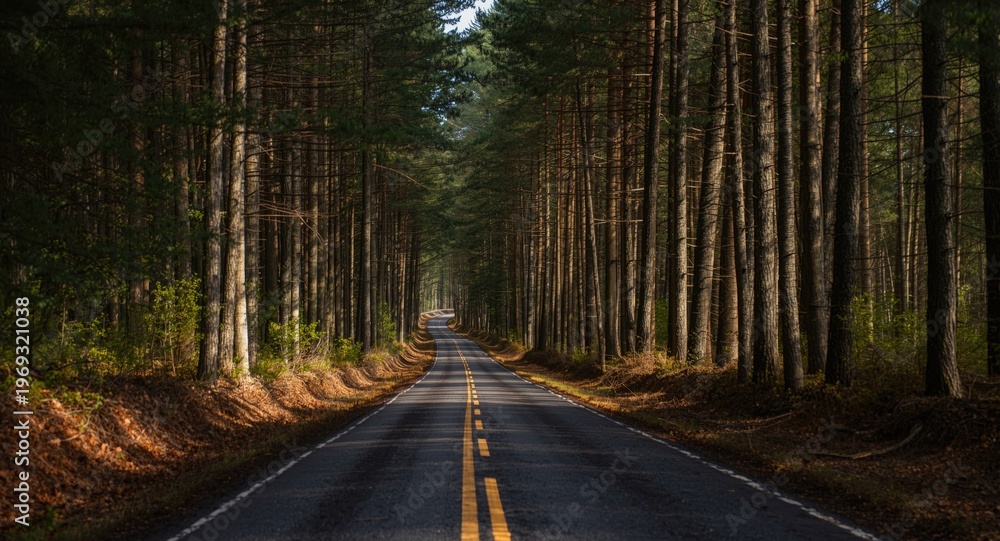 Fototapeta premium Woodland road framed by tall trees and gentle forest shadows