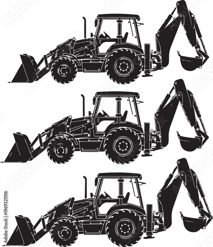Set of different silhouettes backhoe loaders isolated on white background. Heavy construction and mining machines. Vector illustration.