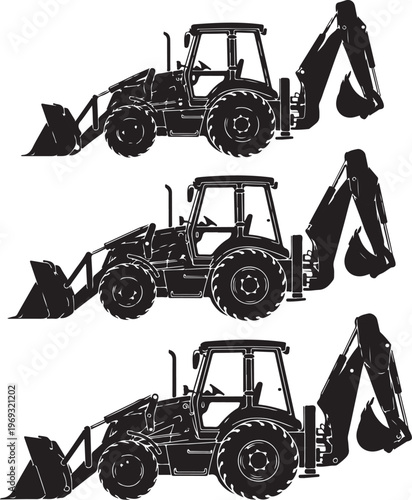 Set of different silhouettes backhoe loaders isolated on white background. Heavy construction and mining machines. Vector illustration.