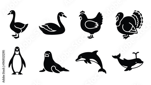 A collection of black silhouettes depicting various waterfowl seabirds and marine animals showcasing distinct forms silhouette high quality professional detailed modern