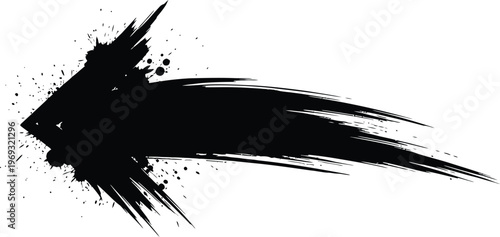 Abstract black brush stroke arrow with dynamic ink splash with textured edges