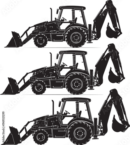 Set of different silhouettes backhoe loaders isolated on white background. Heavy construction and mining machines. Vector illustration.
