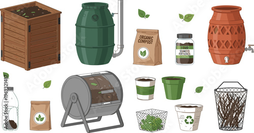 Composting and Organic Waste Recycling Icon Set Featuring Garden Compost Bins, Fertilizer Bags, Plant Pots, and Eco Friendly Sustainability Elements
