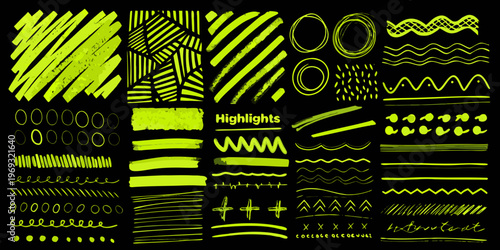 A collection of vibrant yellow highlighter style shapes and scribbles