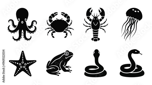 A collection of marine life and amphibians depicted in stark black outlines creating a dramatic silhouette high quality professional detailed modern