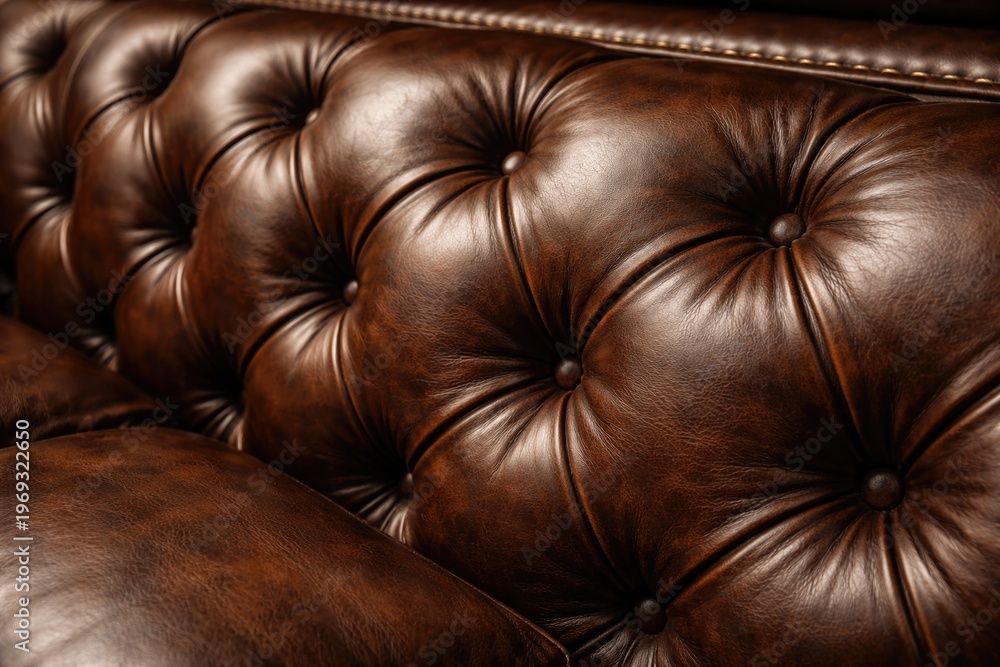 Naklejka premium Close up view of a luxurious tufted leather couch with fine stitching