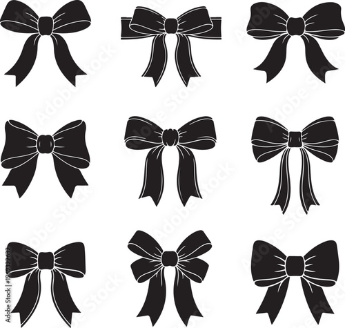 Set of graphical decorative bows. Vector icon collection