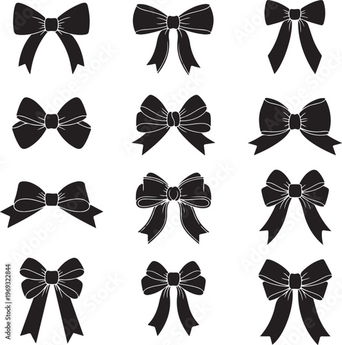 Set of graphical decorative bows. Vector icon collection