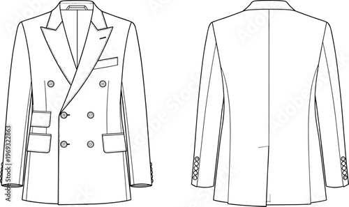Double breasted blazer technical drawing, men formal jacket vector template, front back view fashion illustration, tailored coat flat sketch design