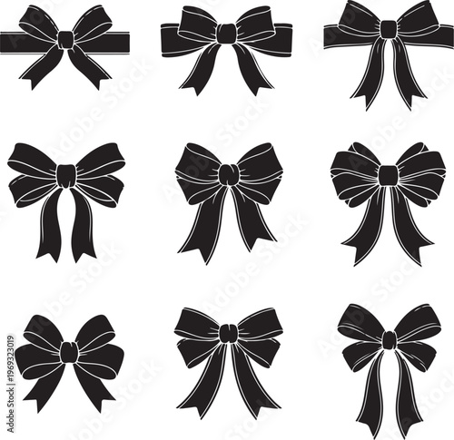 Set of graphical decorative bows. Vector icon collection