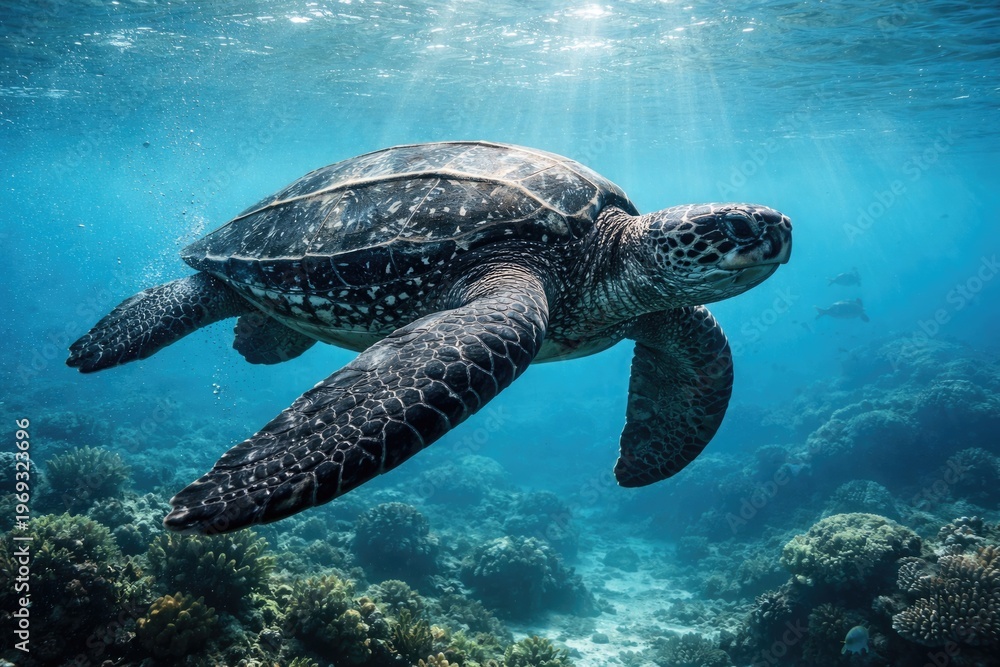 Fototapeta premium Amazing leatherback sea turtle swimming through clear ocean waters