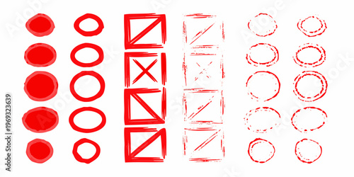 Red rubber stamp impressions of various shapes arranged in columns