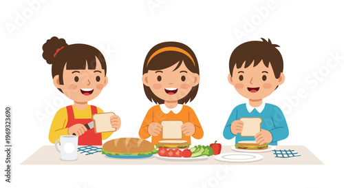 Three happy children sit around a table together, preparing and enjoying healthy sandwiches with fresh vegetables and bread.