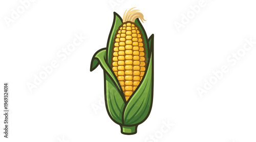 Fresh Corn Cob with Green Leaves, Yellow Kernels, Isolated on White