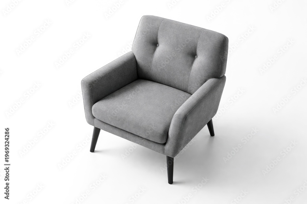 Fototapeta premium High angle view of a modern gray fabric chair on a clean white background