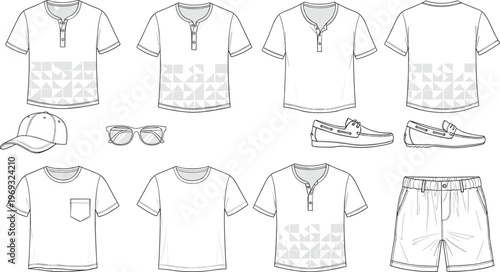 Men casual outfit collection vector, t shirt shorts accessories set, summer clothing bundle illustration, fashion flat sketch wardrobe template design