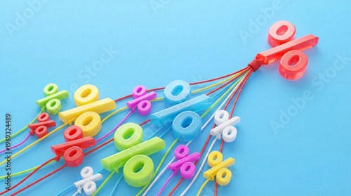 Many colorful percentage signs connected by strings to a single large red percent symbol